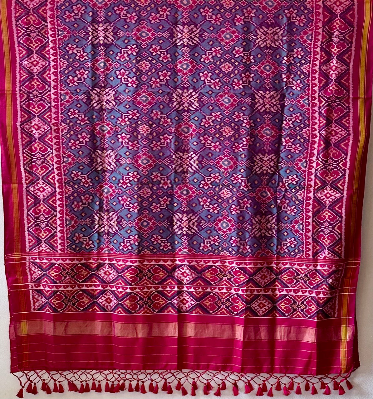 Teal and Pink Handloom Pure Silk Single Ikat/Patola Dupatta
