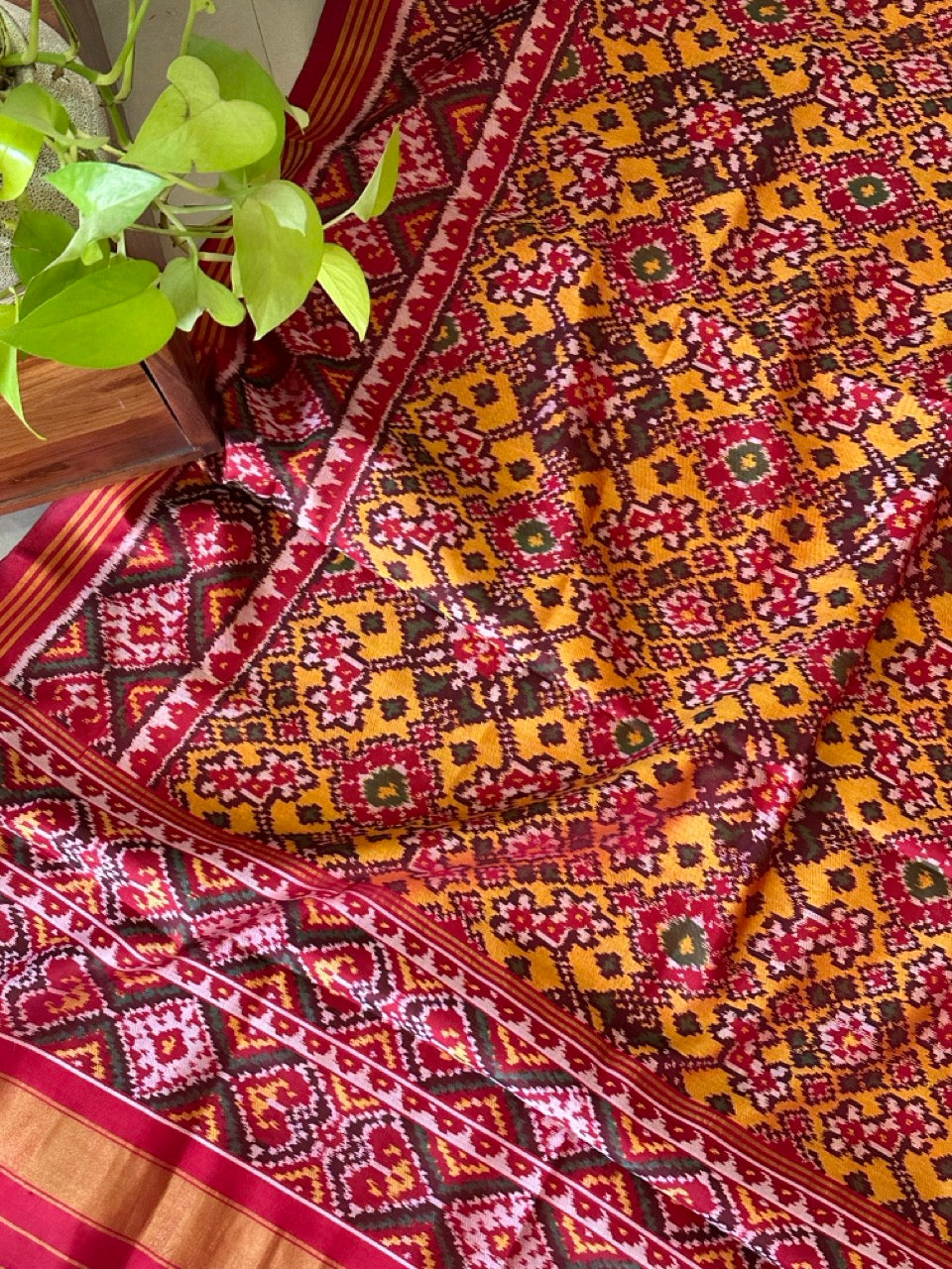 Yellow and Red Handloom Pure Silk Single Ikat/Patola Dupatta