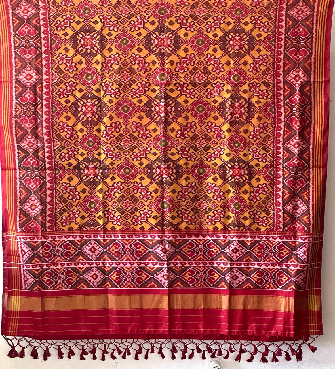 Yellow and Red Handloom Pure Silk Single Ikat/Patola Dupatta