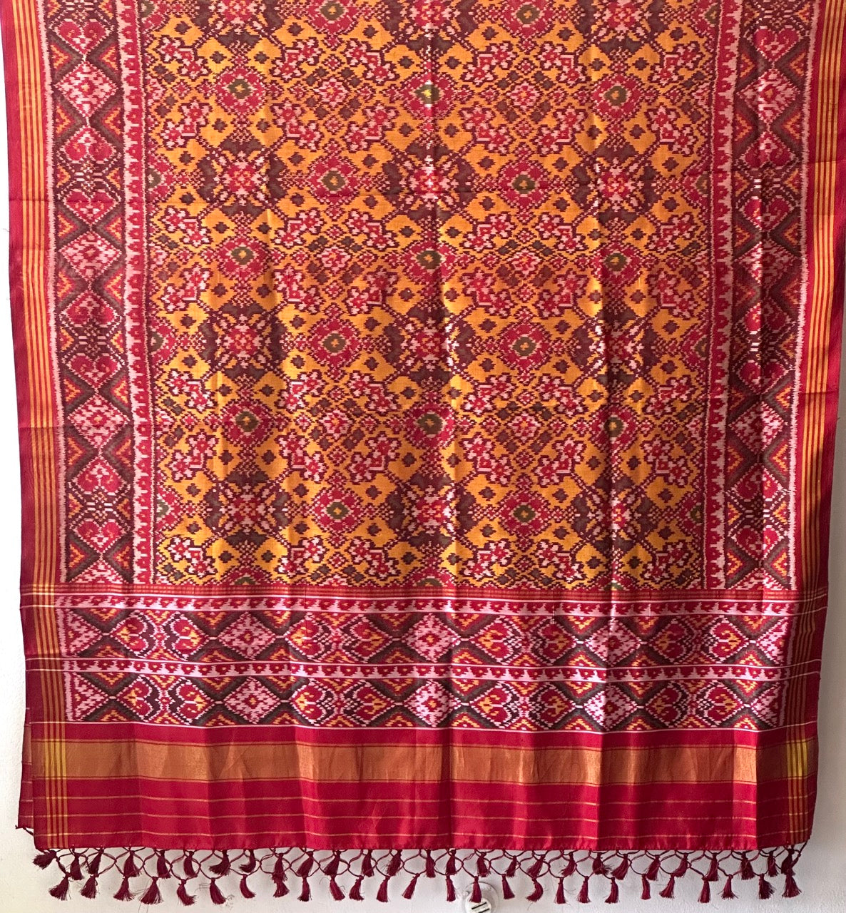 Yellow and Red Handloom Pure Silk Single Ikat/Patola Dupatta