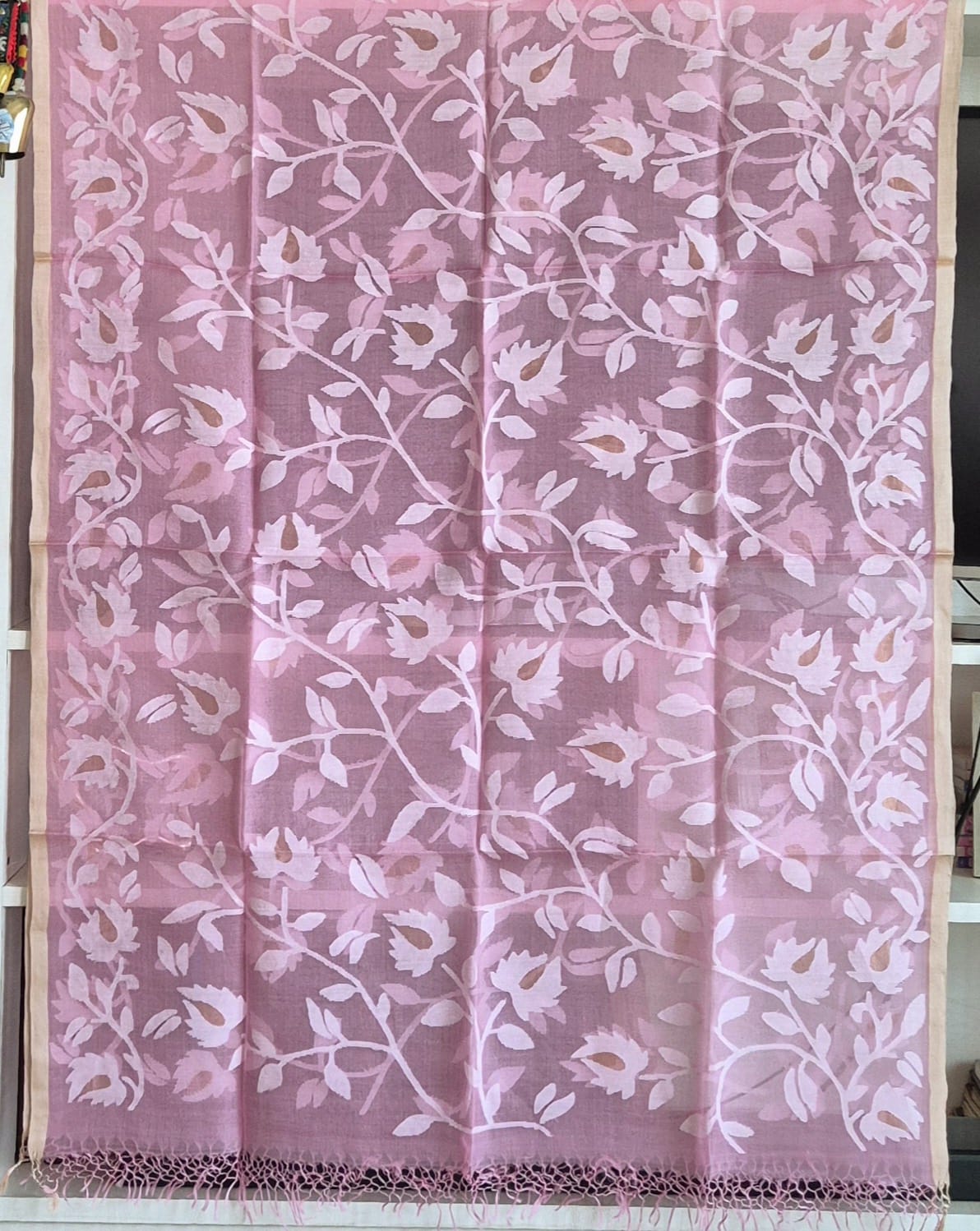 Floral Weave Handloom Soft Pink Muslin Silk Jamdani Dupatta
