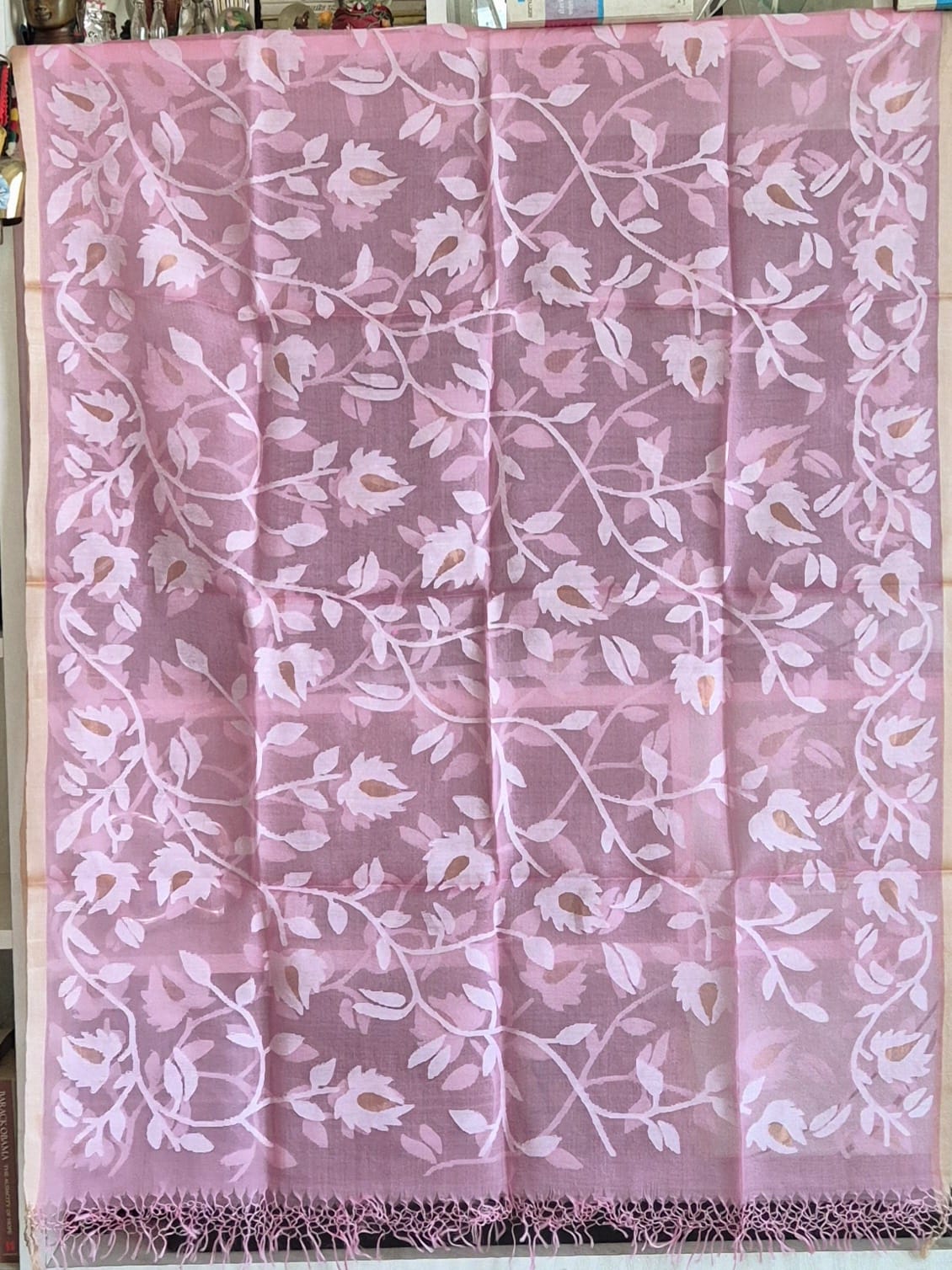 Floral Weave Handloom Soft Pink Muslin Silk Jamdani Dupatta