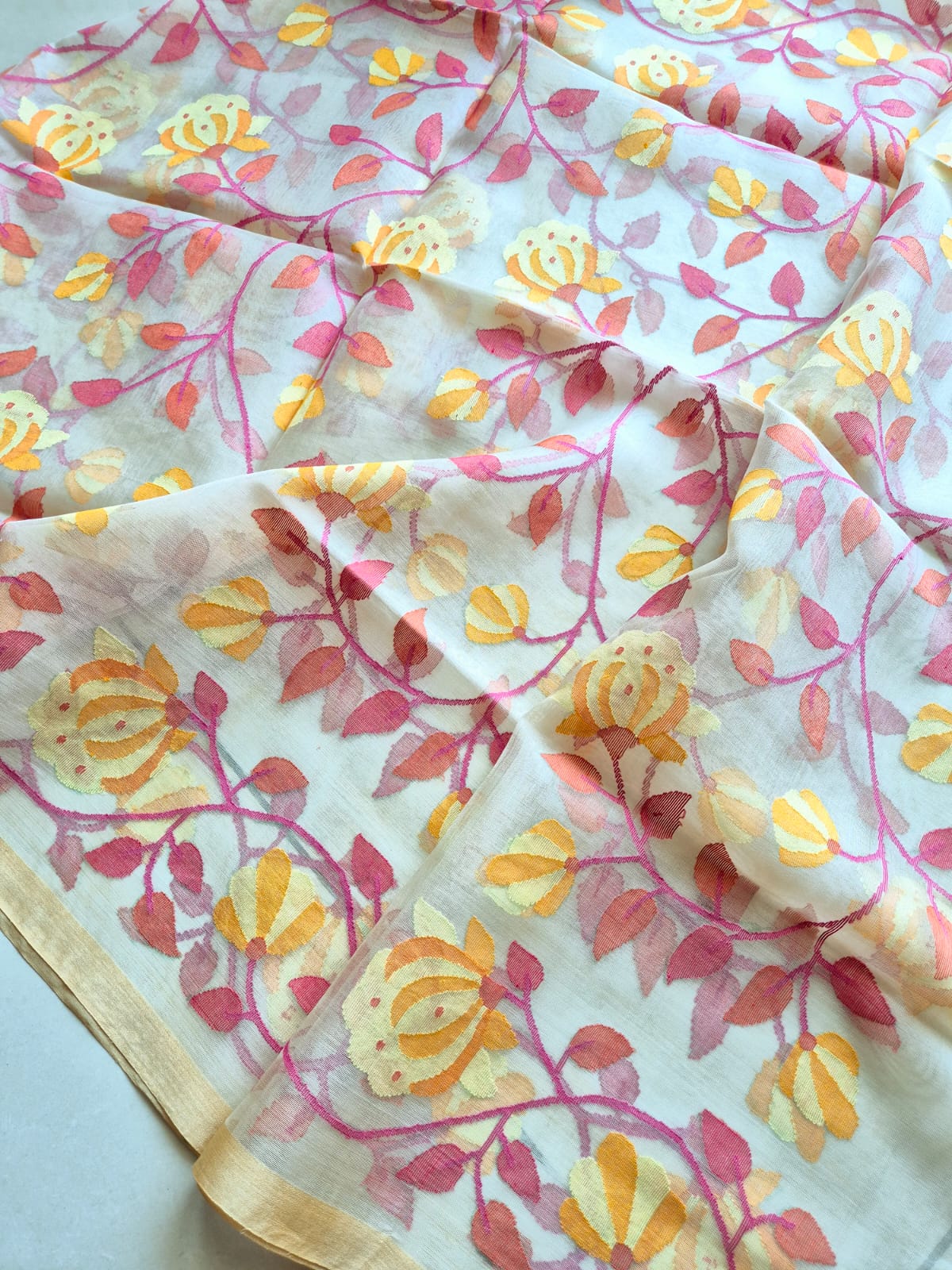 Yellow and Red Floral Handloom Muslin Silk Jamdani Dupatta With White Base
