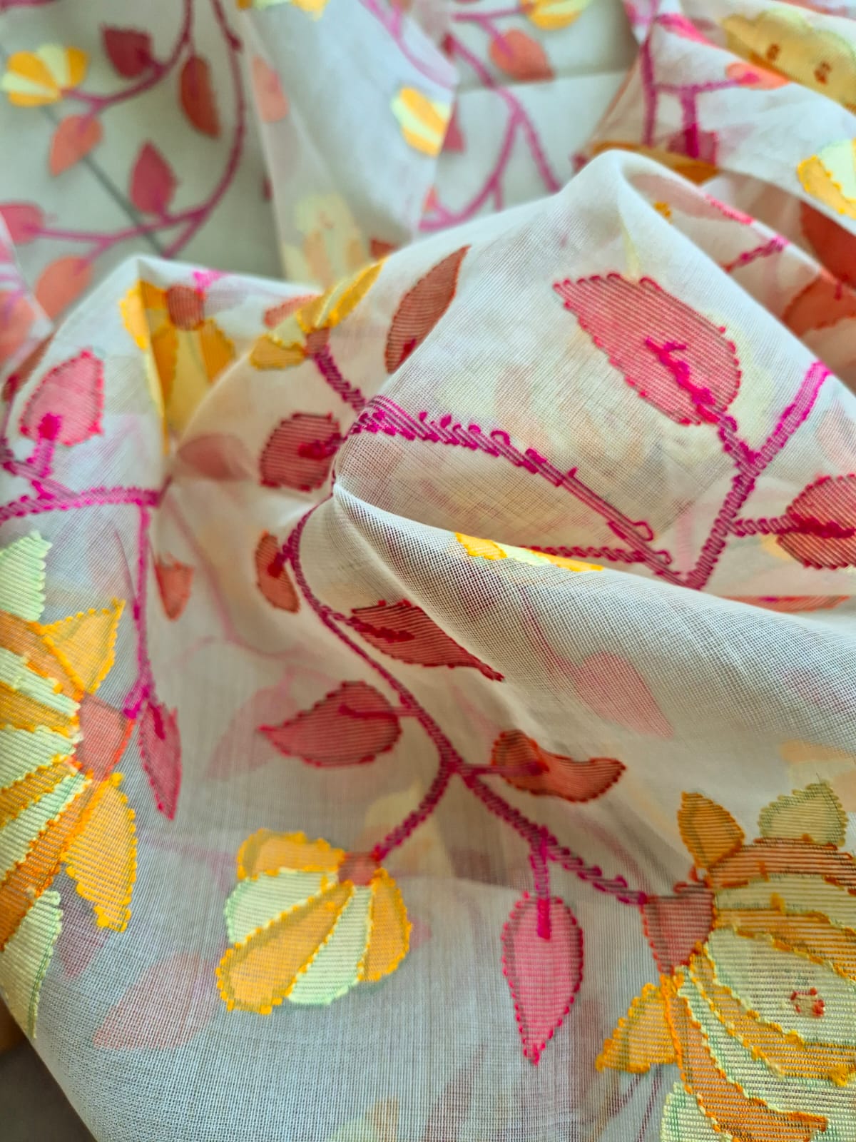 Yellow and Red Floral Handloom Muslin Silk Jamdani Dupatta With White Base