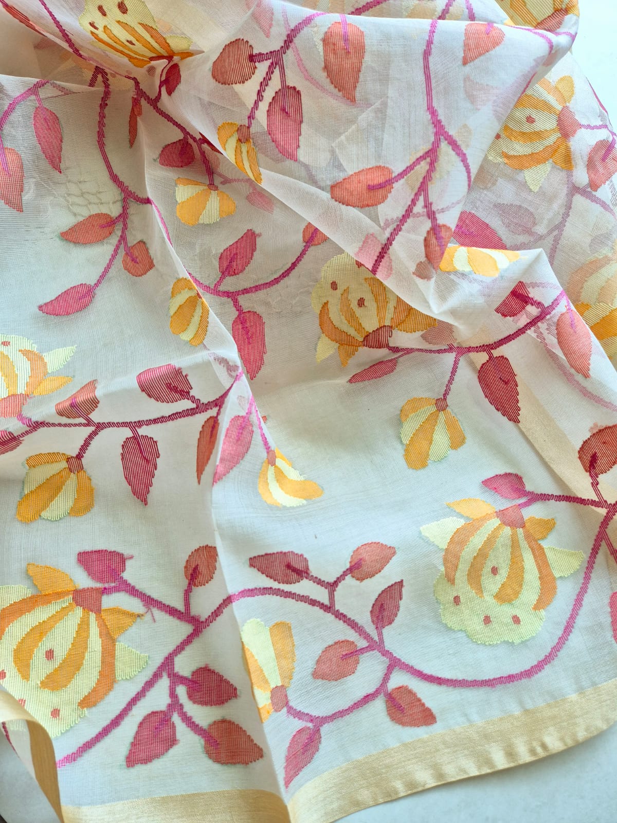 Yellow and Red Floral Handloom Muslin Silk Jamdani Dupatta With White Base