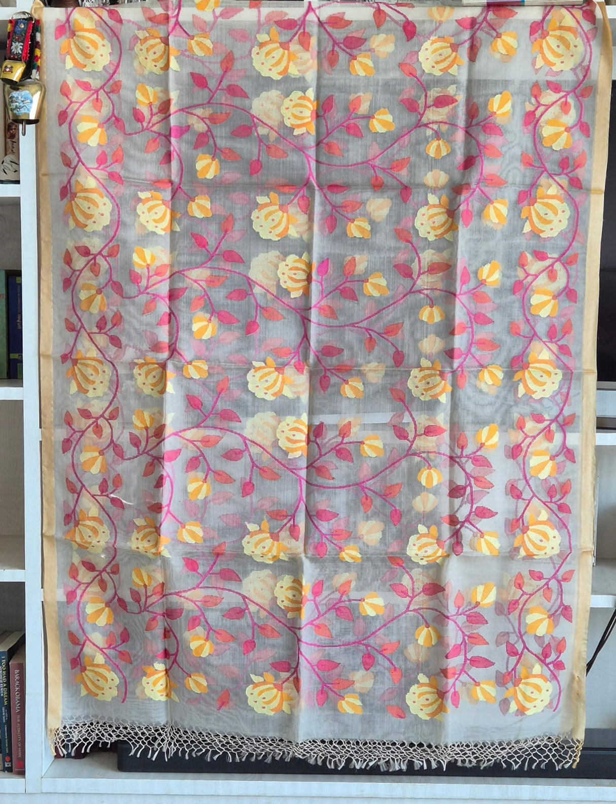 Yellow and Red Floral Handloom Muslin Silk Jamdani Dupatta With White Base