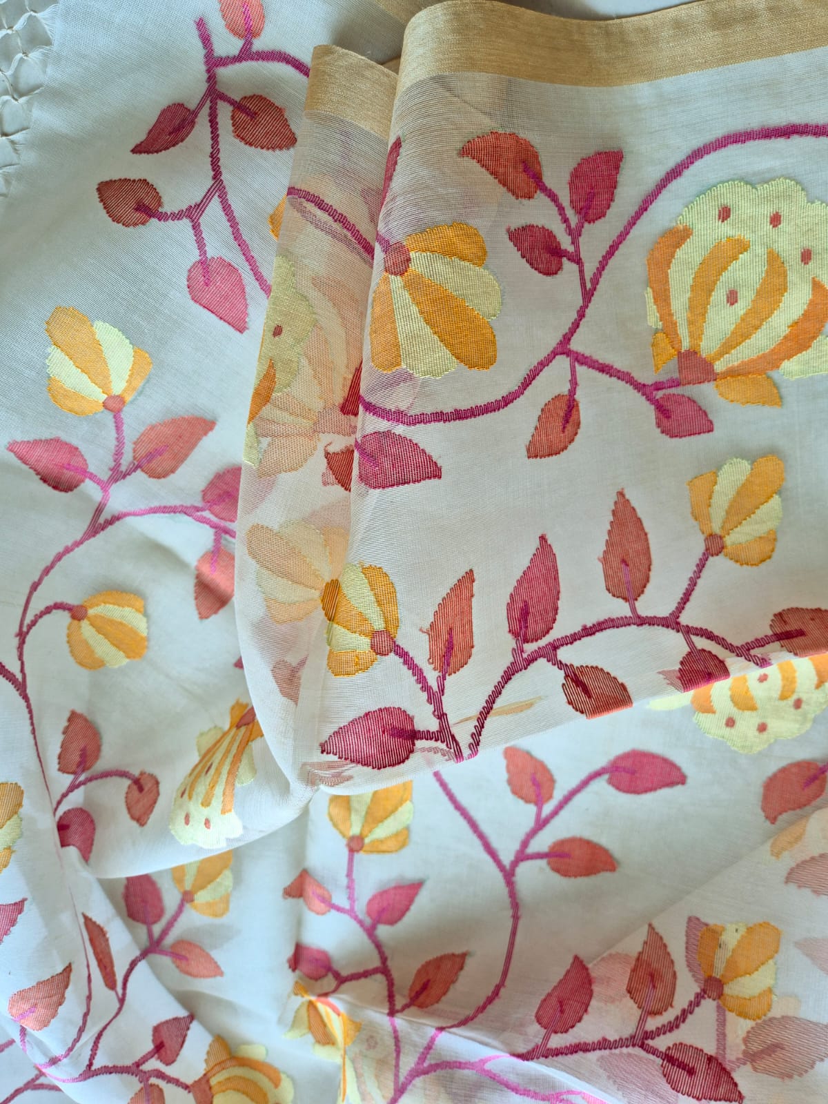 Yellow and Red Floral Handloom Muslin Silk Jamdani Dupatta With White Base