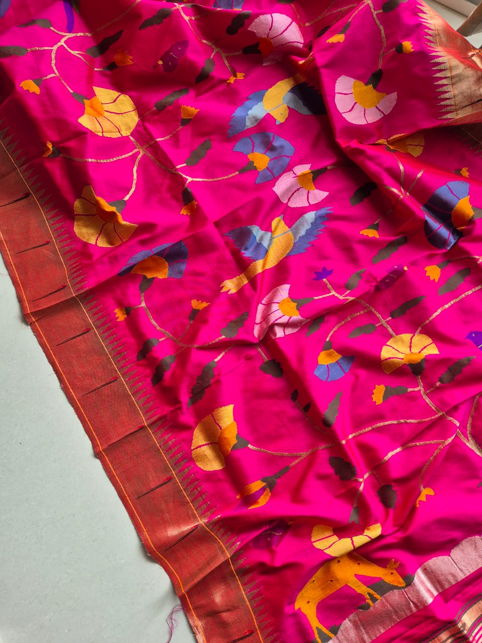 Handloom Pink and Golden Silk Paithani Dupatta with Muniya Border