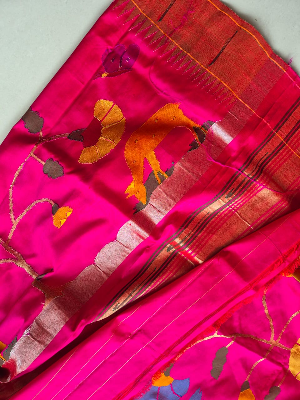 Handloom Pink and Golden Silk Paithani Dupatta with Muniya Border