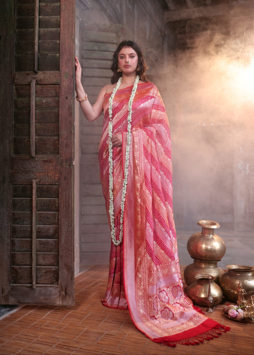 Handloom Pure Banarasi Soft Silk Sona Roopa Bandhani Saree in Red Colour