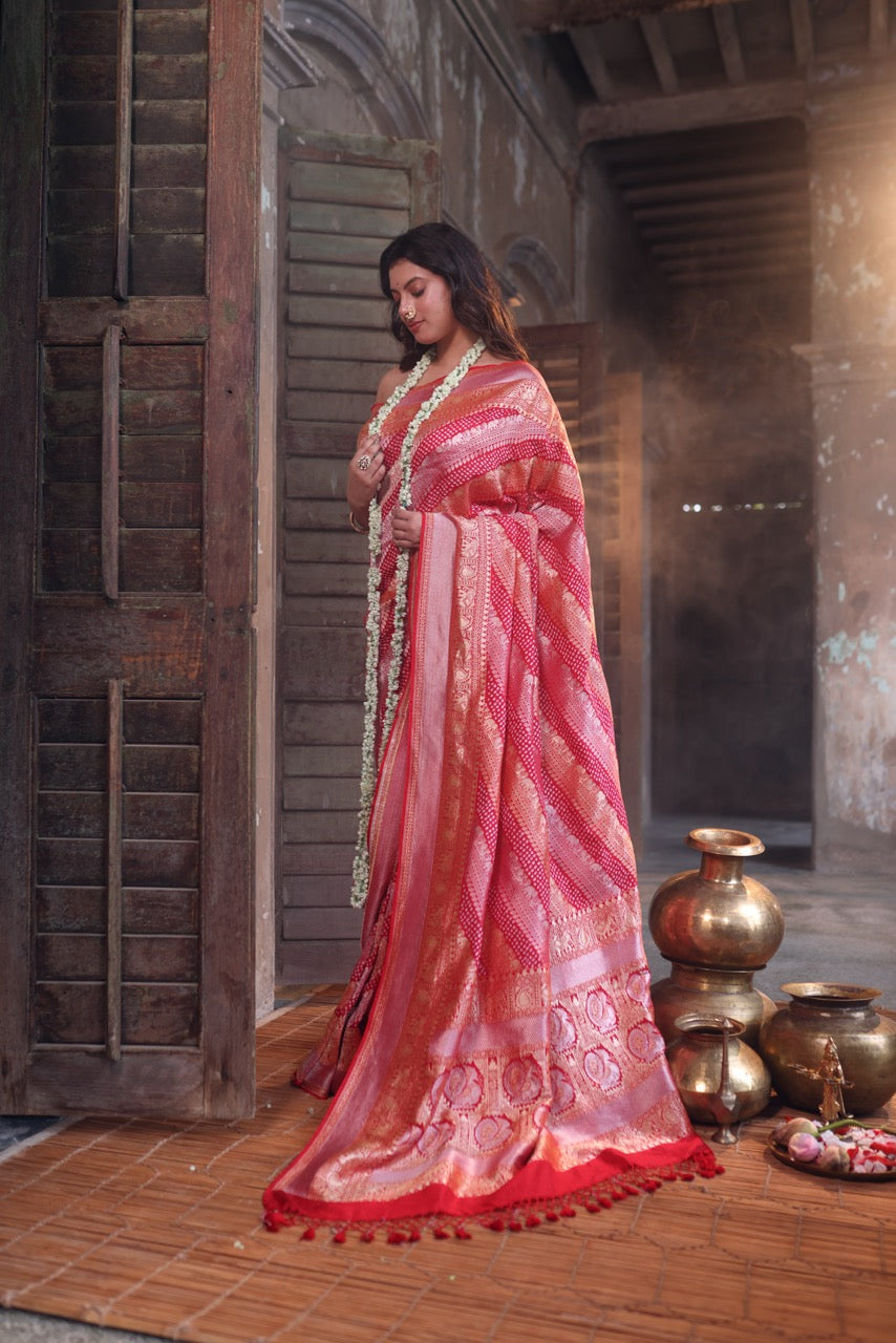 Handloom Pure Banarasi Soft Silk Sona Roopa Bandhani Saree in Red Colour