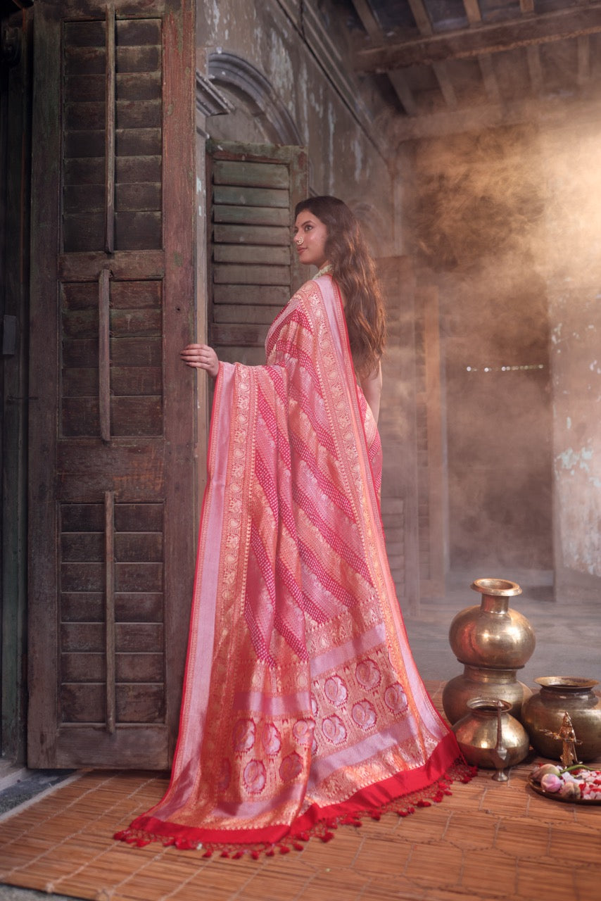 Handloom Pure Banarasi Soft Silk Sona Roopa Bandhani Saree in Red Colour