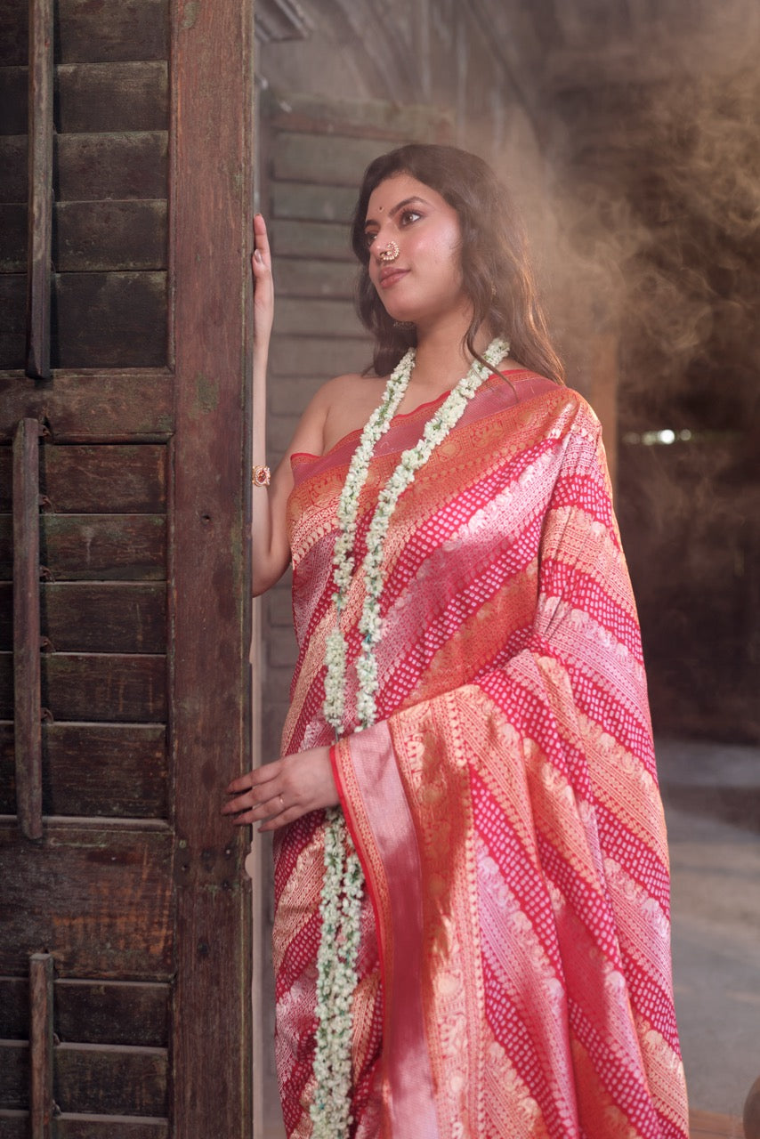 Handloom Pure Banarasi Soft Silk Sona Roopa Bandhani Saree in Red Colour