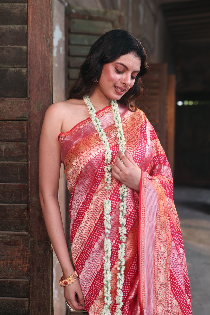 Handloom Pure Banarasi Soft Silk Sona Roopa Bandhani Saree in Red Colour