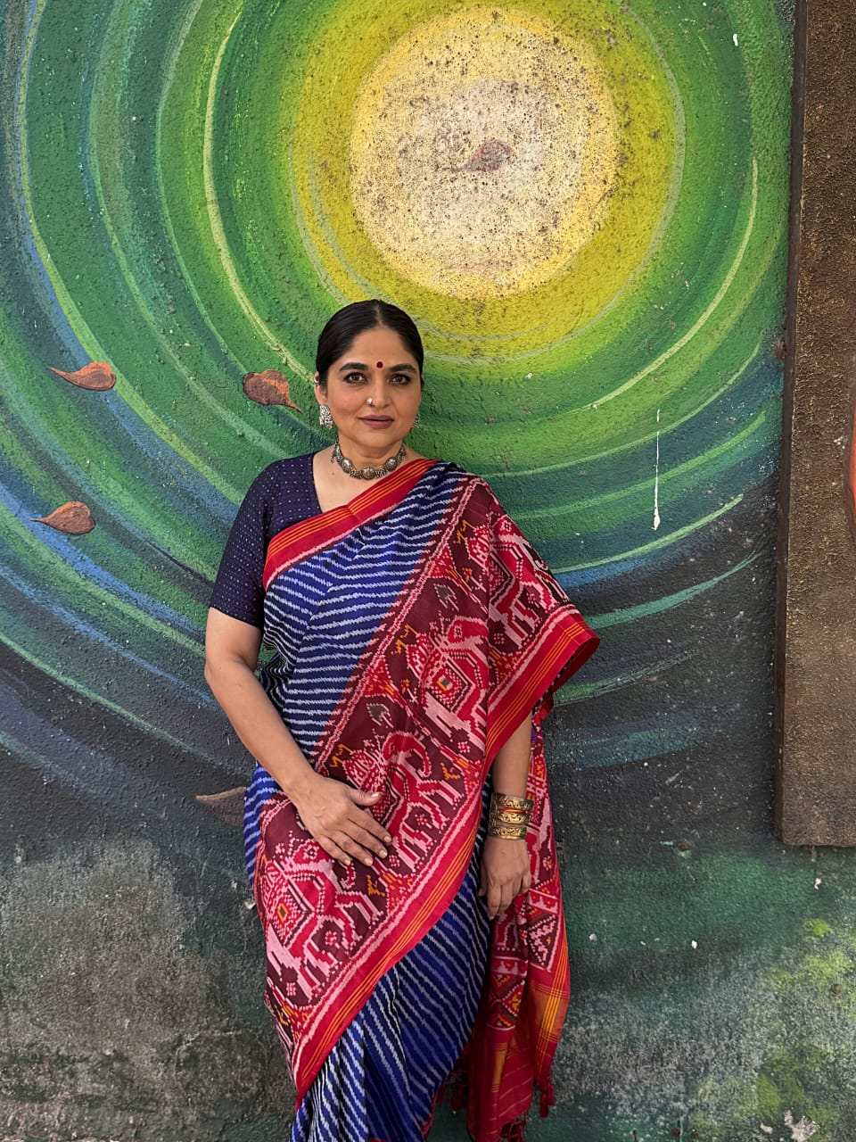 Exclusive Handloom Blue and Red Mulberry Silk Ikat Patola Saree with Leheriya and Gajraj Motifs