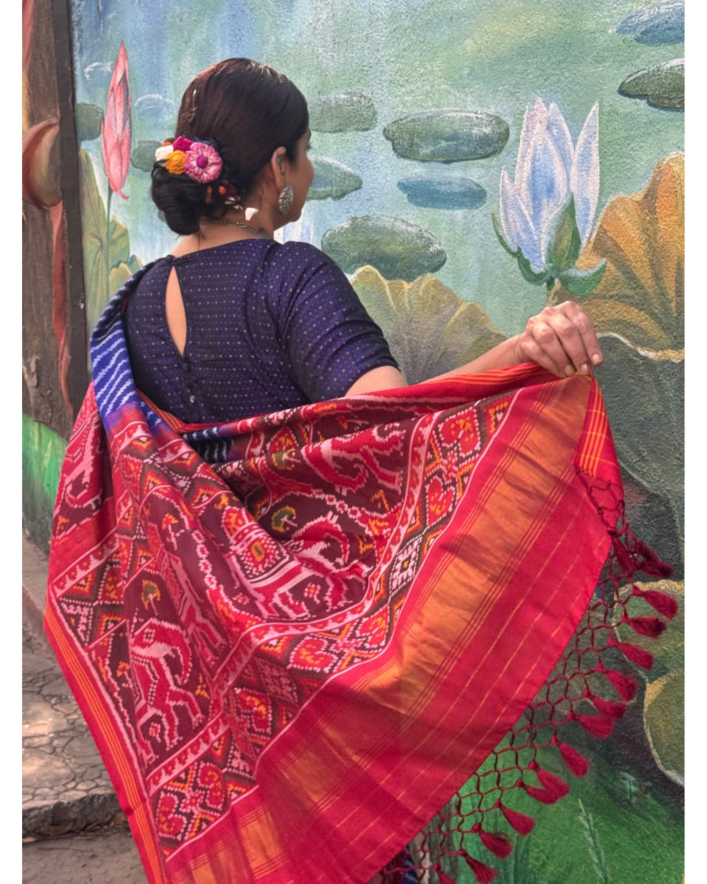 Exclusive Handloom Blue and Red Mulberry Silk Ikat Patola Saree with Leheriya and Gajraj Motifs