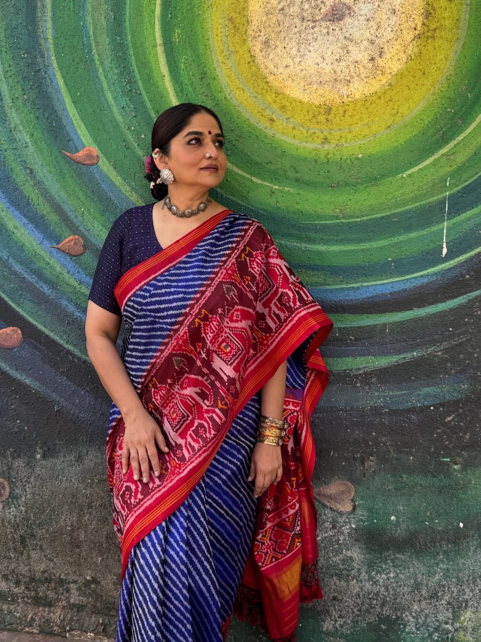 Exclusive Handloom Blue and Red Mulberry Silk Ikat Patola Saree with Leheriya and Gajraj Motifs