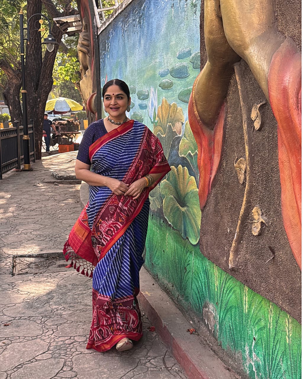 Exclusive Handloom Blue and Red Mulberry Silk Ikat Patola Saree with Leheriya and Gajraj Motifs