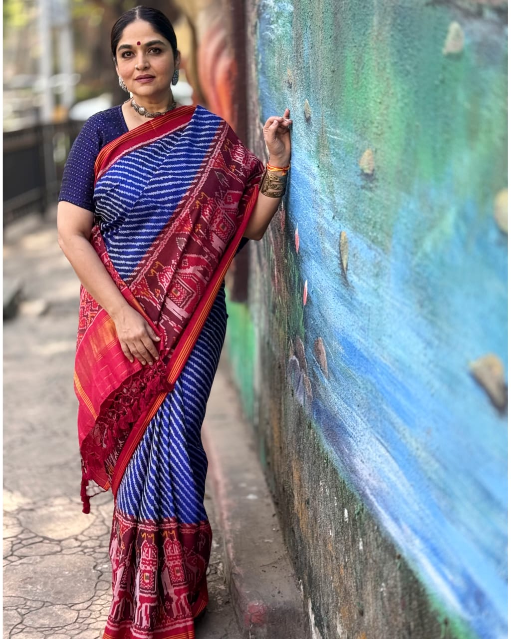 Exclusive Handloom Blue and Red Mulberry Silk Ikat Patola Saree with Leheriya and Gajraj Motifs