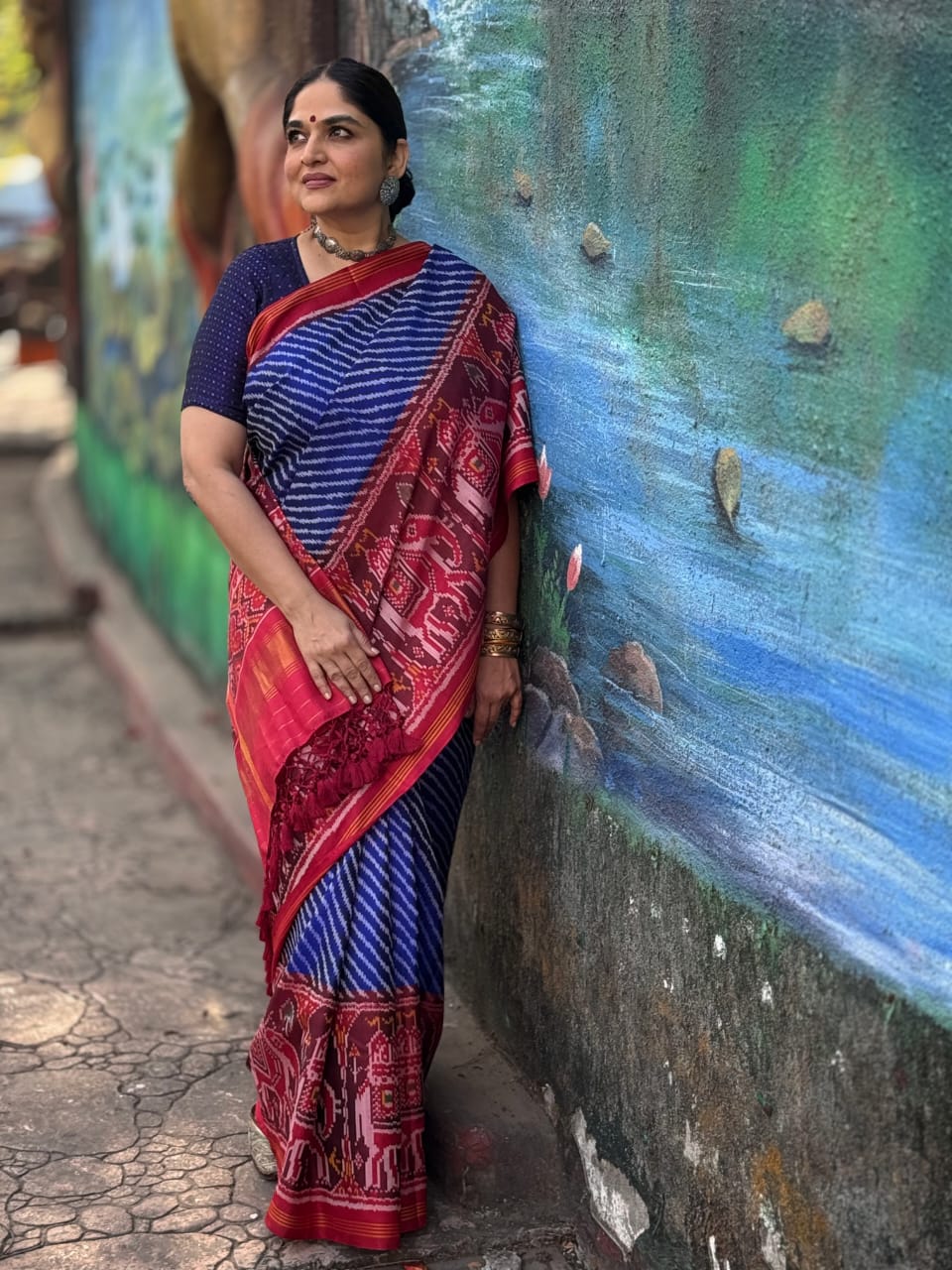 Exclusive Handloom Blue and Red Mulberry Silk Ikat Patola Saree with Leheriya and Gajraj Motifs