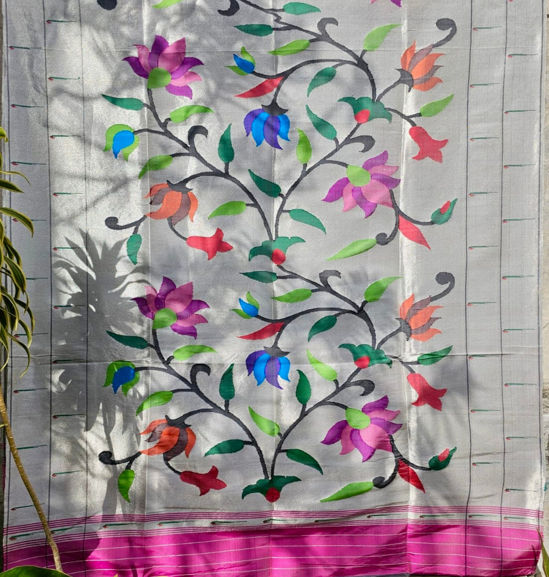 Handloom Silver and Pink Tissue Silk Paithani Dupatta