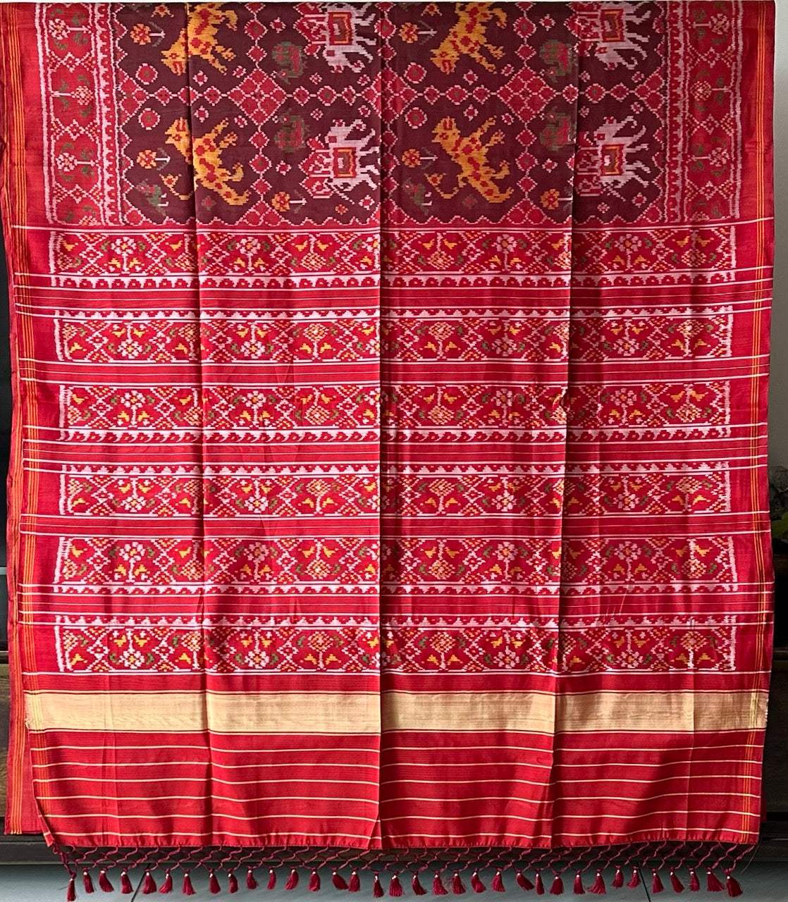 Graceful Handloom Brown and Red Mulberry Silk Ikat Patola Saree with Tiger and Elephant Motifs