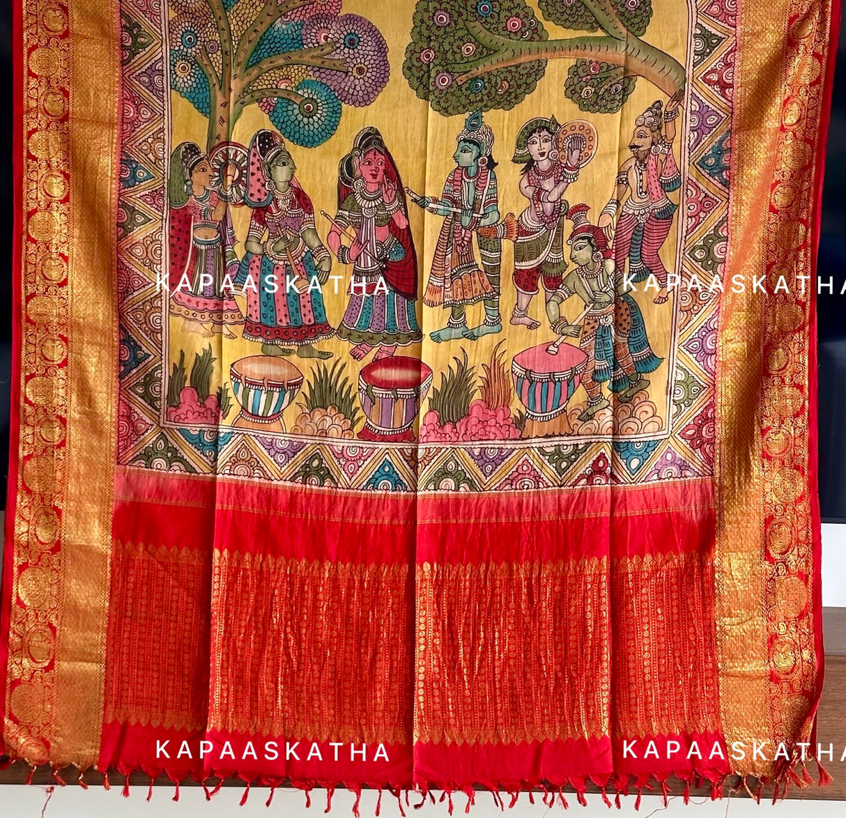 Kalamkari Kanjivaram Silk Dupatta - Lord Krishna Motif | Kapaas Katha