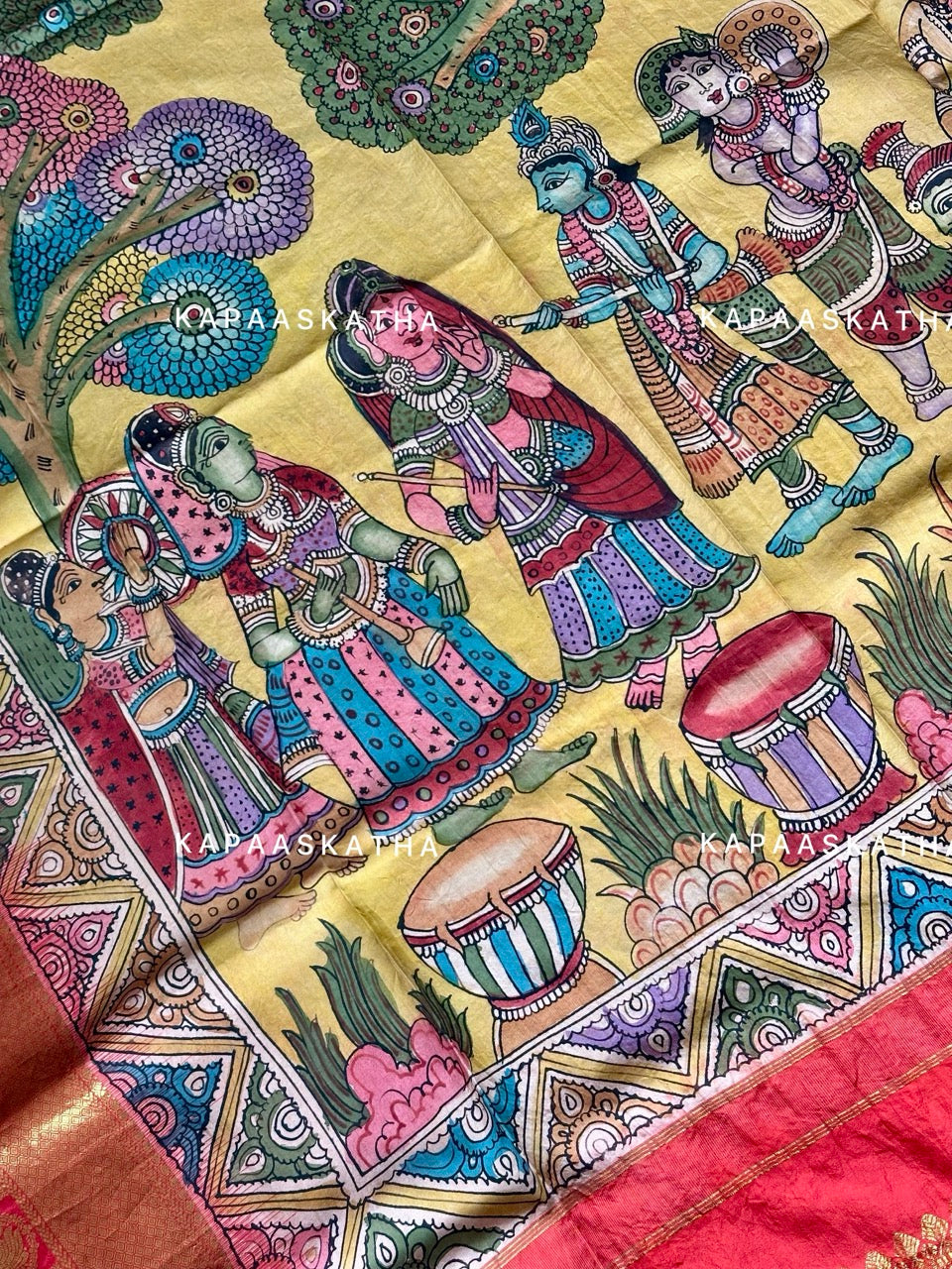Kalamkari Kanjivaram Silk Dupatta - Lord Krishna Motif | Kapaas Katha