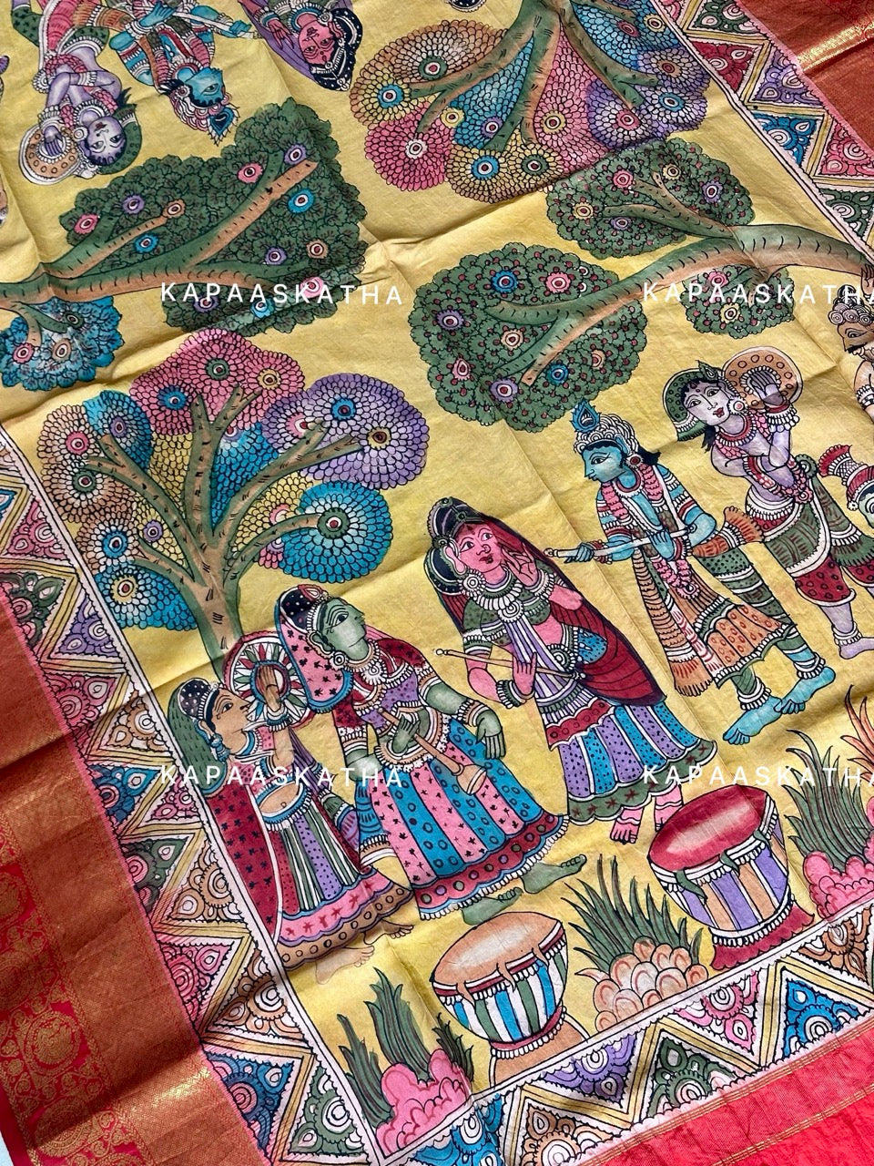 Kalamkari Kanjivaram Silk Dupatta - Lord Krishna Motif | Kapaas Katha
