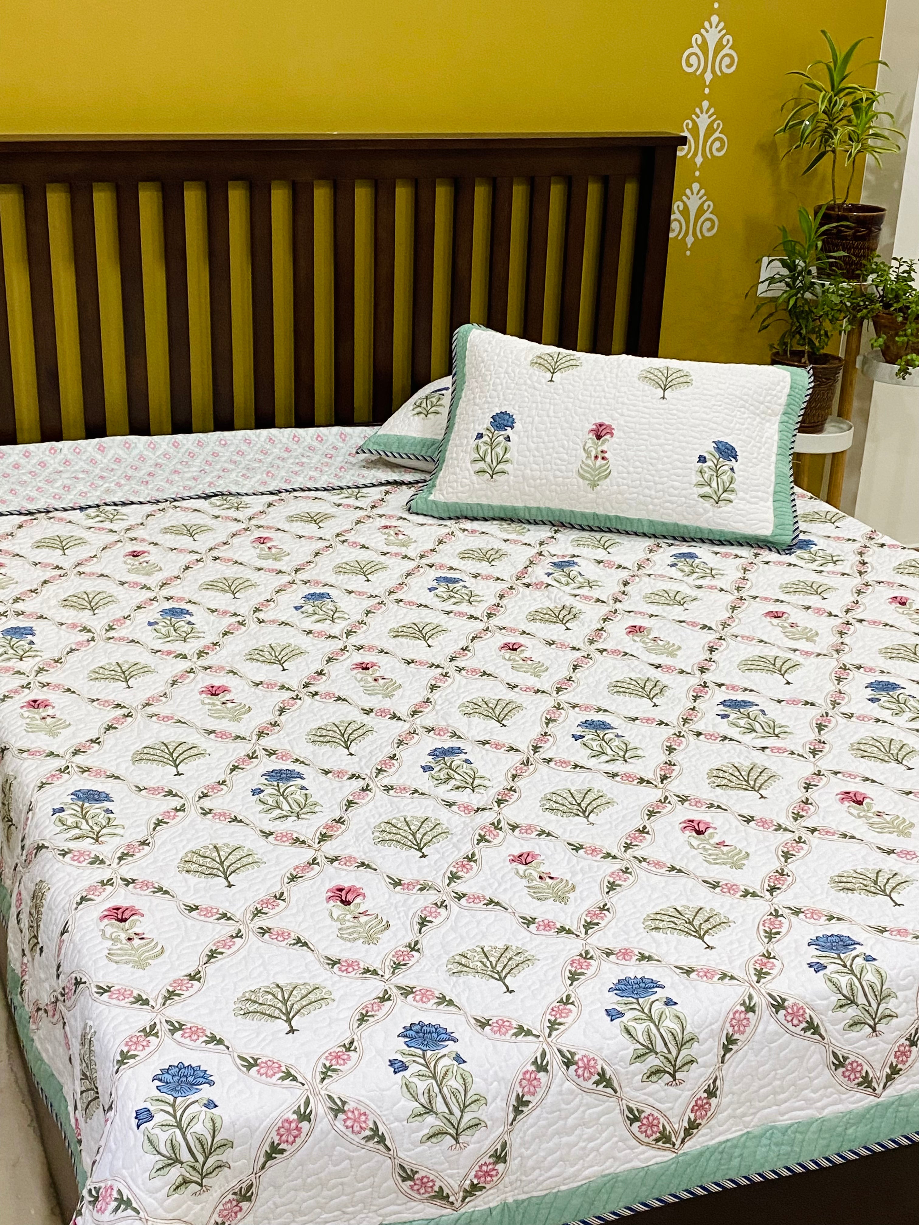 Quilted Blockprint REVERSIBLE Mulmul Bedcover- Double Size