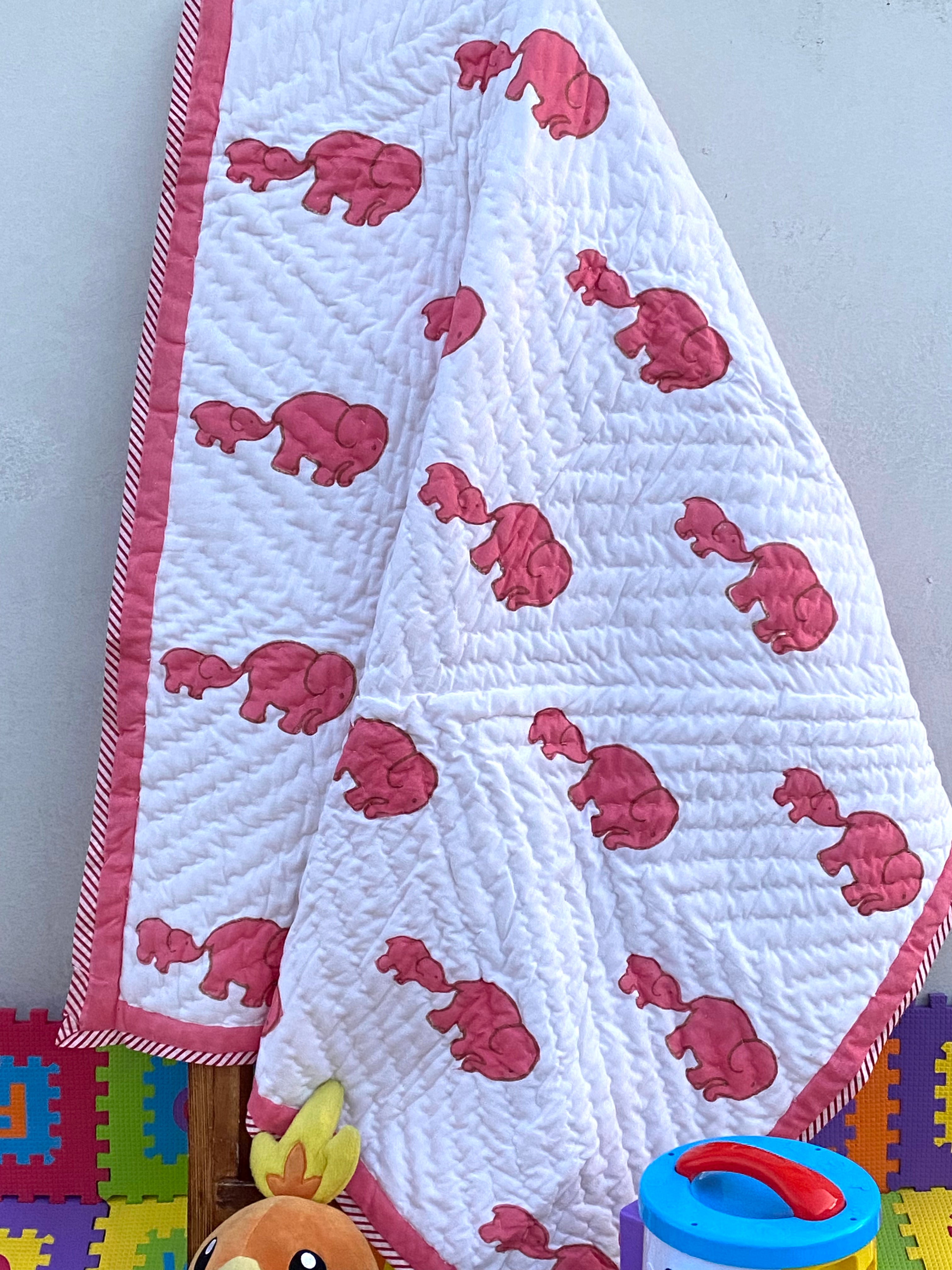 Elephant Baby Quilt- Handblock Printed- (40*40 inches)