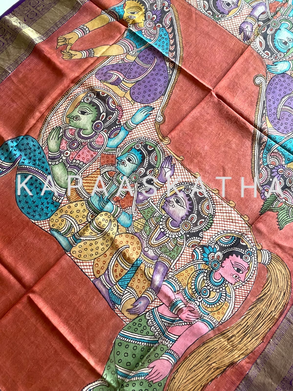 kalamkari-art-depicting-pancha-naari-turaga-horse-kanjeevaram-silk-dupatta-kapaaskatha