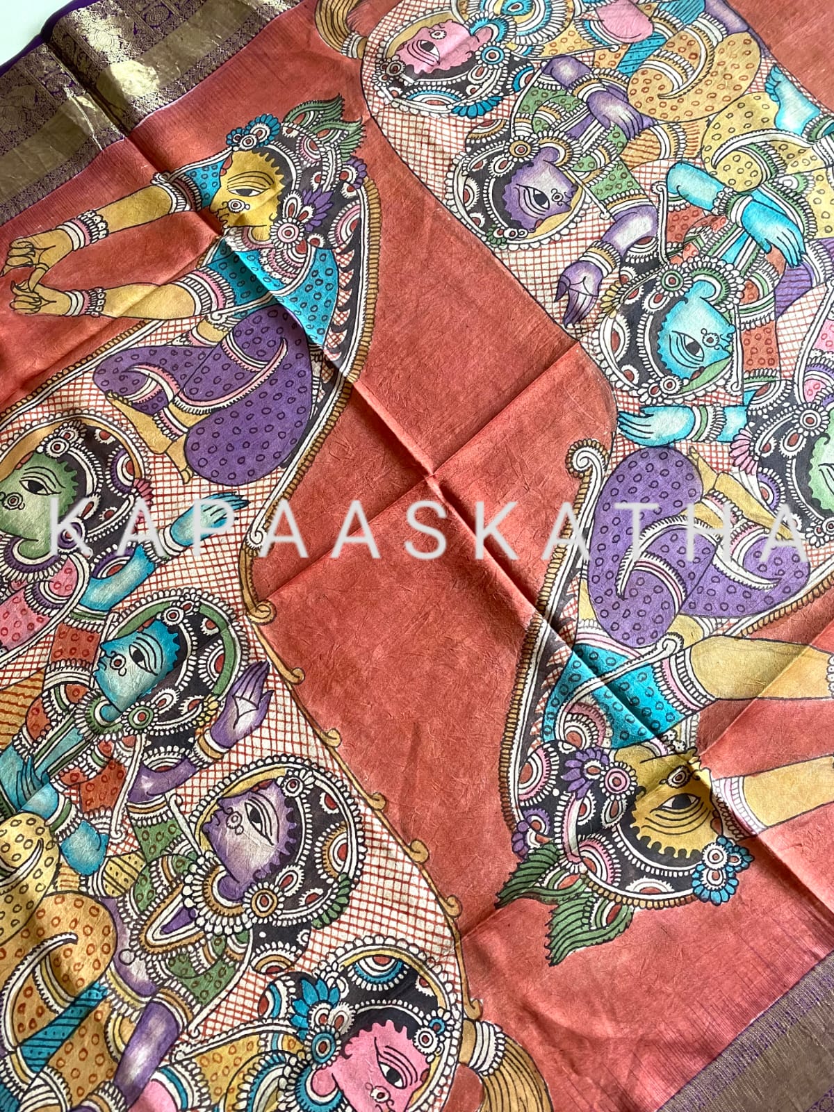 kalamkari-art-depicting-pancha-naari-turaga-horse-kanjeevaram-silk-dupatta-kapaaskatha