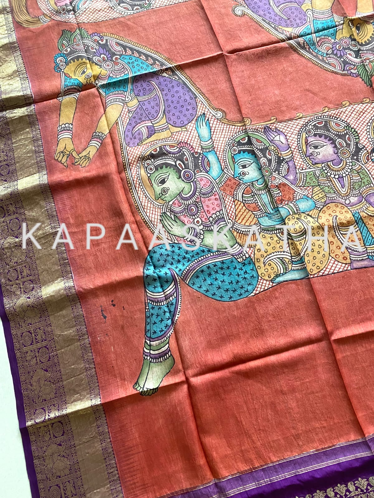 kalamkari-art-depicting-pancha-naari-turaga-horse-kanjeevaram-silk-dupatta-kapaaskatha