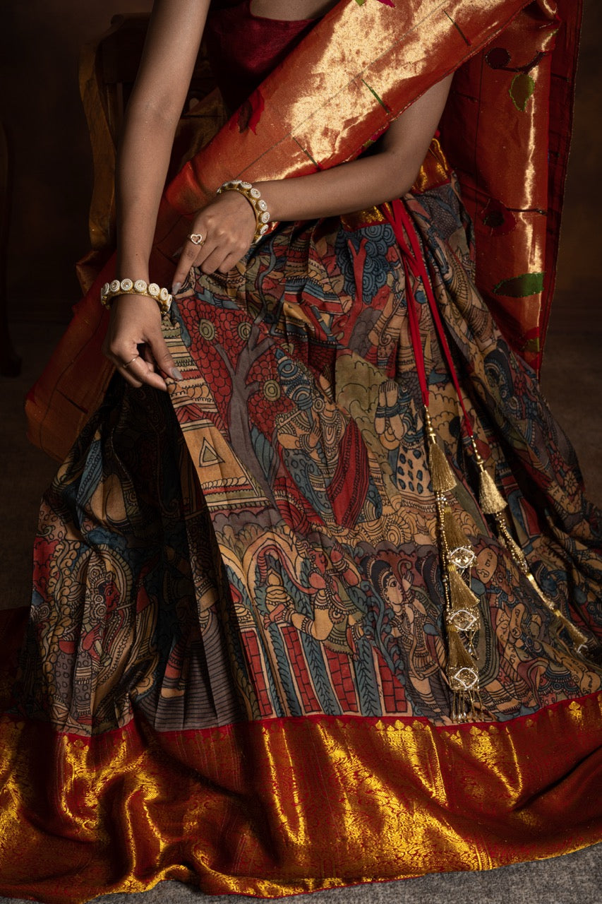 Mythological Theme Kanchi Pattu Kalamkari Lehenga with Handloom Tissue Silk Paithani Dupatta