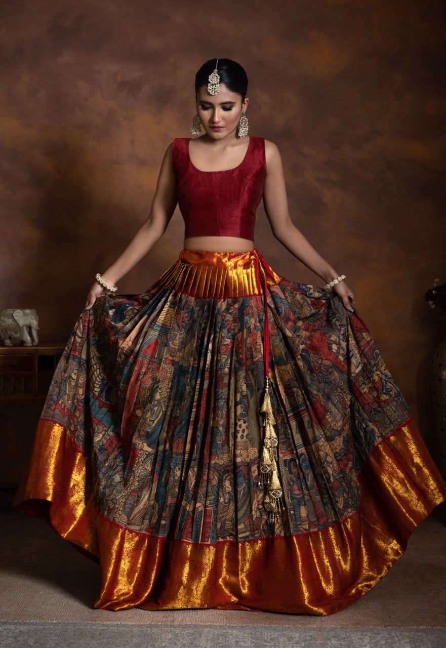 Mythological Theme Kanchi Pattu Kalamkari Lehenga with Handloom Tissue Silk Paithani Dupatta