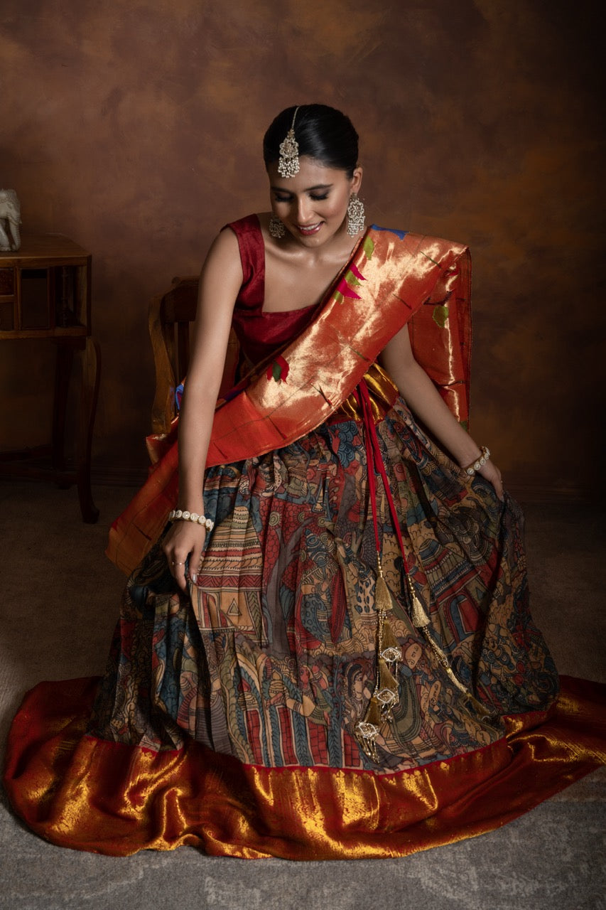 Mythological Theme Kanchi Pattu Kalamkari Lehenga with Handloom Tissue Silk Paithani Dupatta