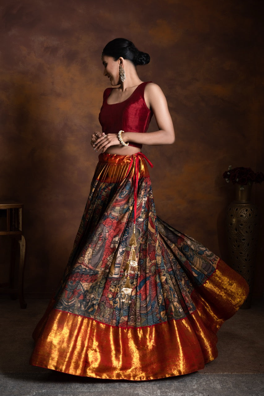 Mythological Theme Kanchi Pattu Kalamkari Lehenga with Handloom Tissue Silk Paithani Dupatta