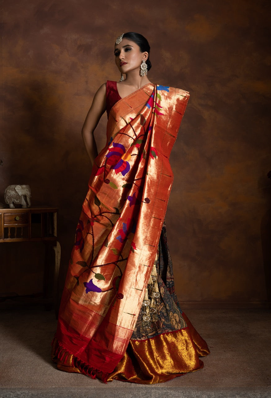 Mythological Theme Kanchi Pattu Kalamkari Lehenga with Handloom Tissue Silk Paithani Dupatta