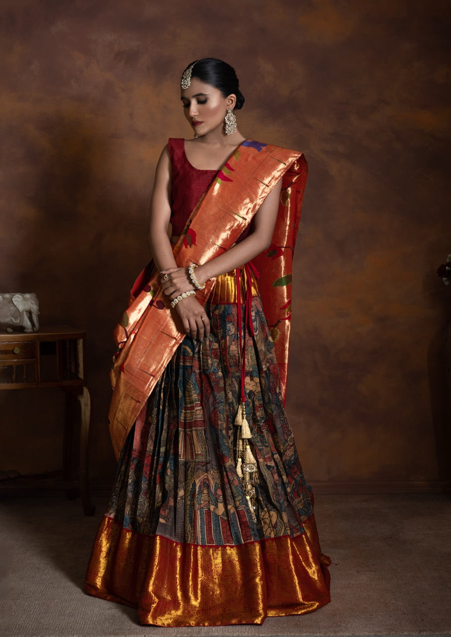 Mythological Theme Kanchi Pattu Kalamkari Lehenga with Handloom Tissue Silk Paithani Dupatta