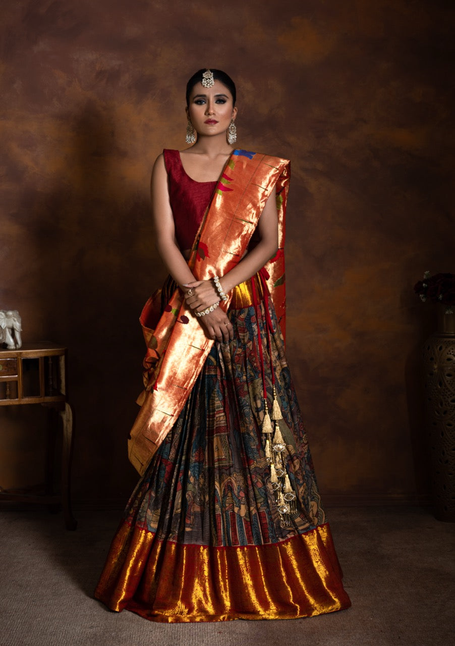 Mythological Theme Kanchi Pattu Kalamkari Lehenga with Handloom Tissue Silk Paithani Dupatta