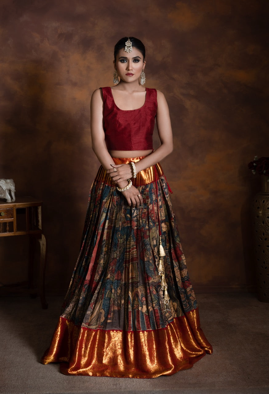 Mythological Theme Kanchi Pattu Kalamkari Lehenga with Handloom Tissue Silk Paithani Dupatta