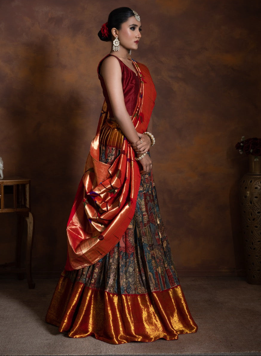 Mythological Theme Kanchi Pattu Kalamkari Lehenga with Handloom Tissue Silk Paithani Dupatta