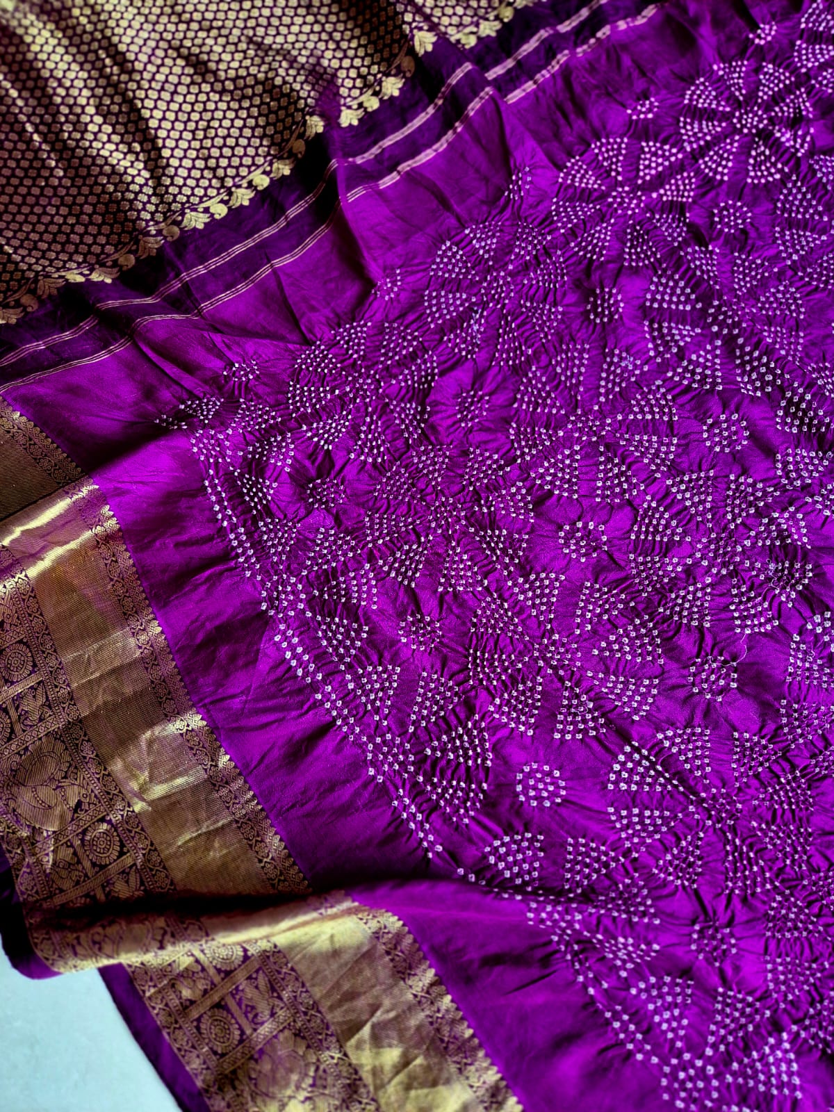 KanchLeher - Vibrant Purple Kanjivaram Silk Bandhani Dupatta