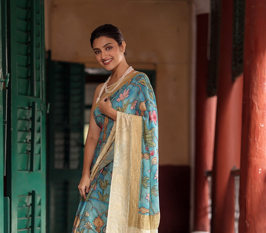 karigari-guldasta-pure-banarasi-georgette-kalamkari-saree-with-lucknow-hand-chikankari