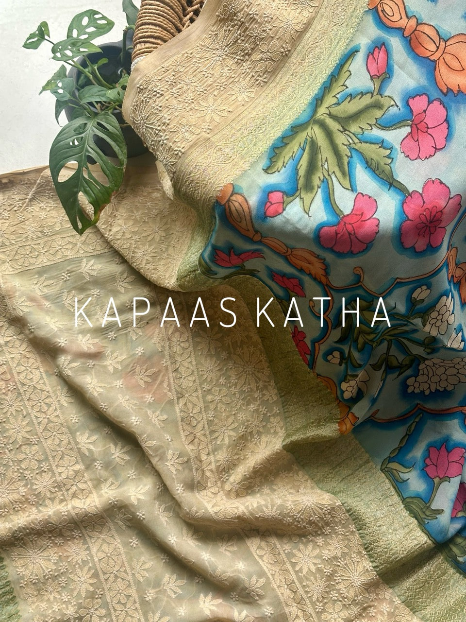 Karigari Guldasta – Pure Banarasi georgette Kalamkari Saree with Lucknow Hand Chikankari