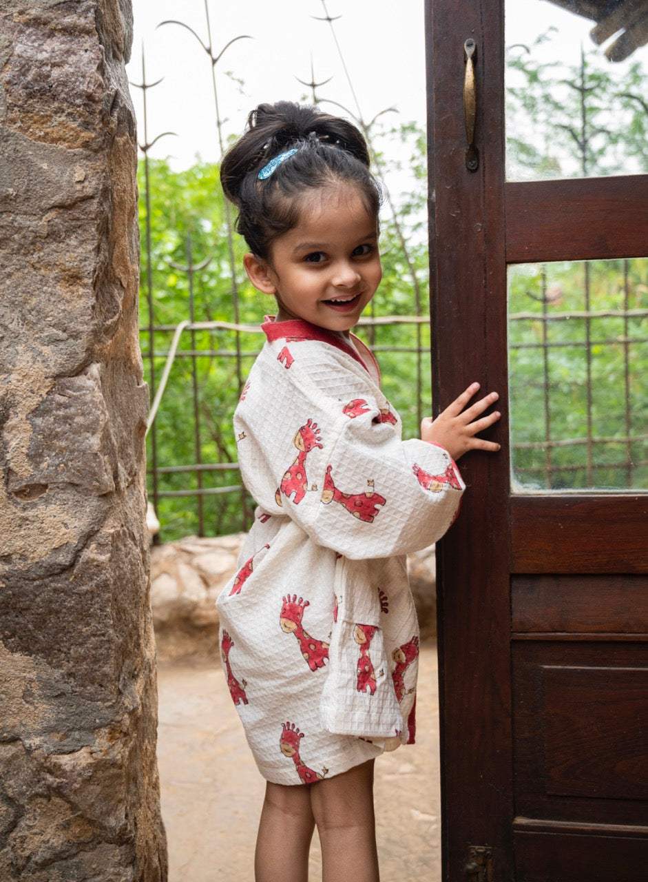 bulk order waffle cotton kids bathrobe with handblock printed animals and embroidered names exported to USA UK Singapore Australia