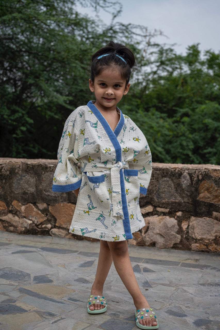 blue giraffe monkey kids bathrobes made in Jaipur handblock printed perfect for resellers Kuwait
