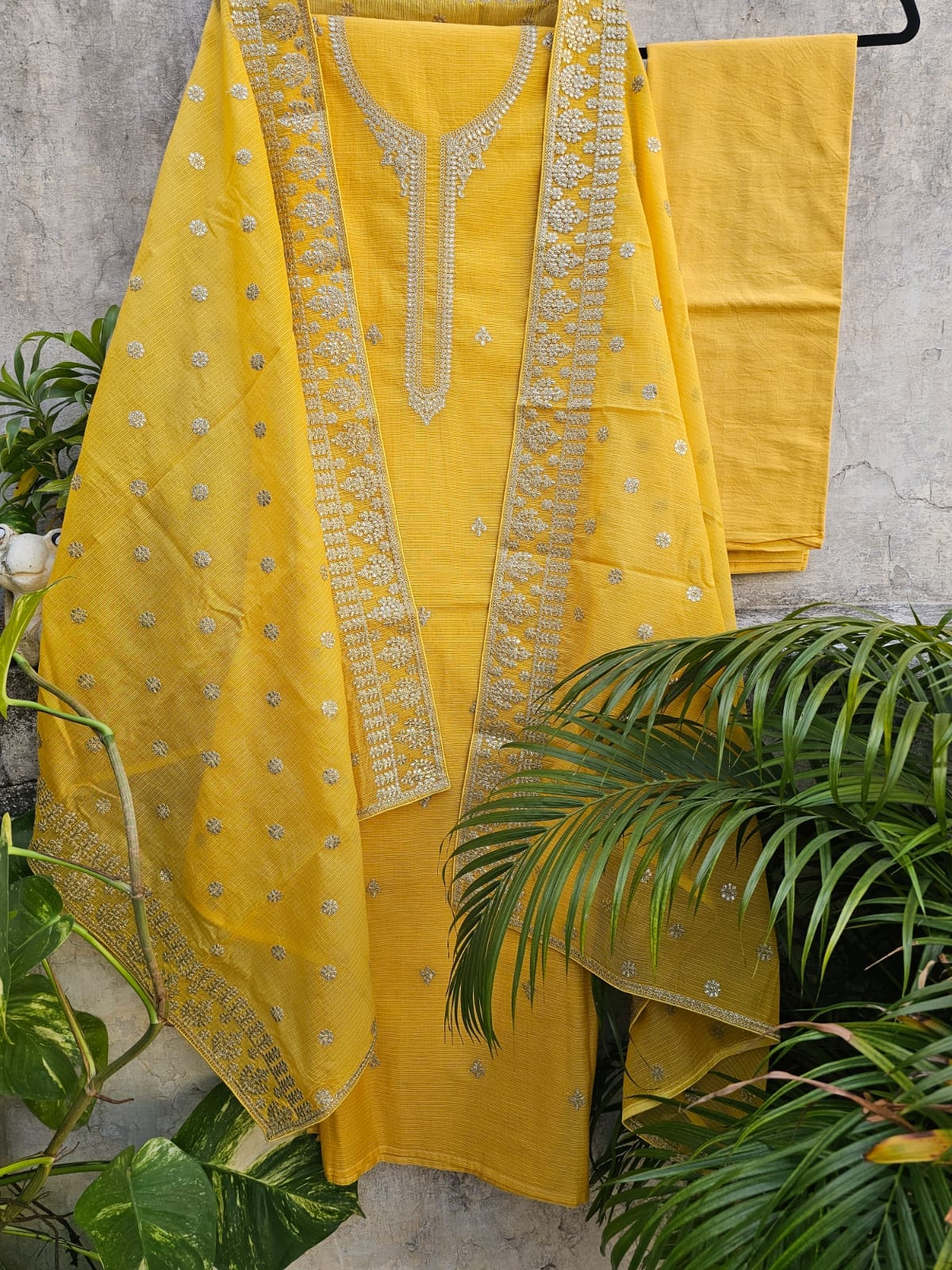 Elegant & Subtle Unstitched Kota Embroidered 3pc Suit Set -Yellow