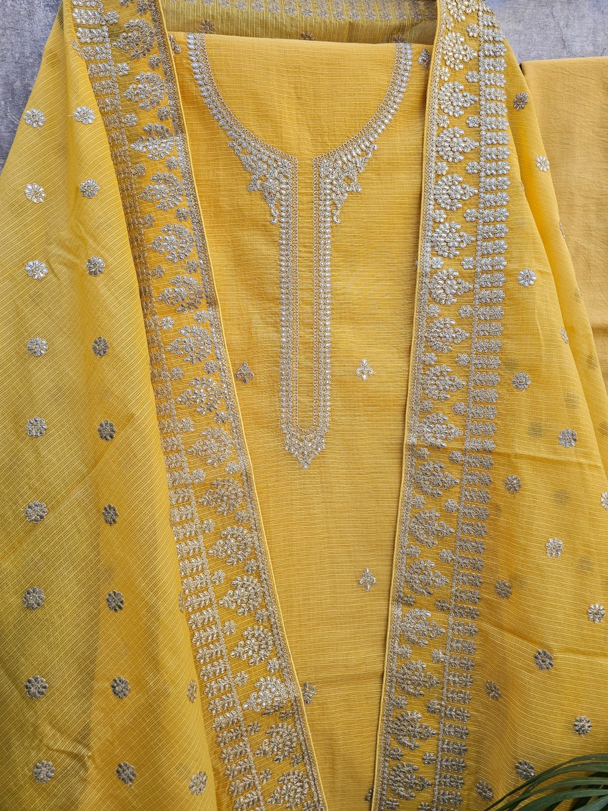 Elegant & Subtle Unstitched Kota Embroidered 3pc Suit Set -Yellow